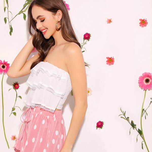 

Shirred Back Lace Trim Layered Tube Top