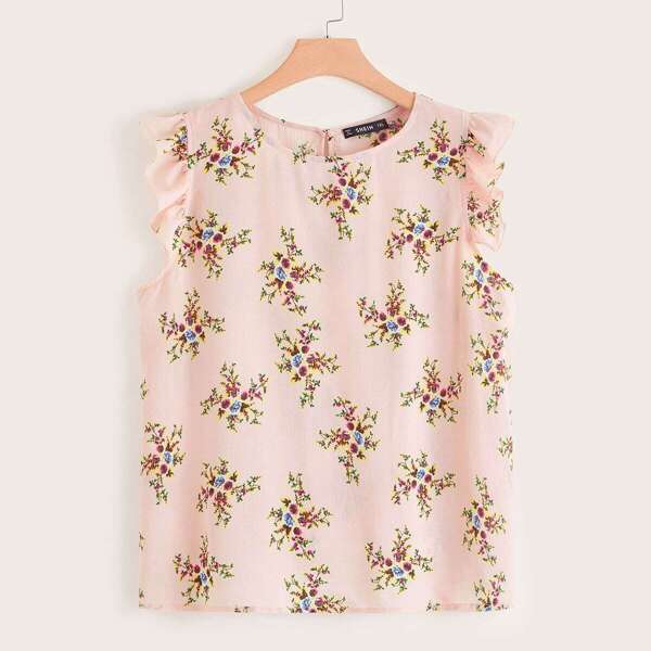 

Plus Ruffle Trim Floral Print Top, Pink pastel