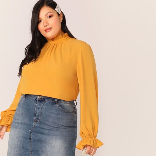 

Plus Frill Gathered Mock Neck Flounce Sleeve Top