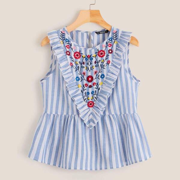 

Botanical Embroidered Detail Ruffle Striped Smock Top