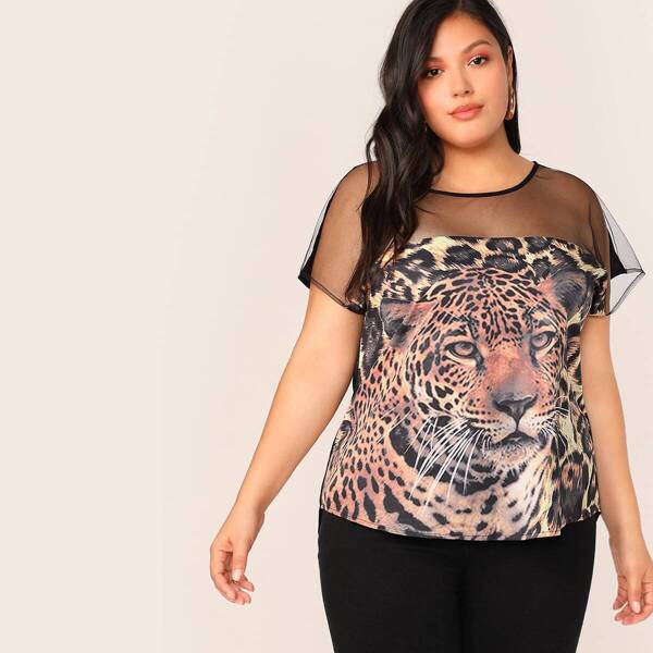 

Plus Mesh Yoke Leopard Print Top