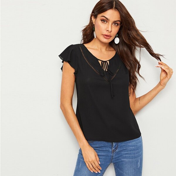 

Tie Neck Lace Insert Flutter Sleeve Top