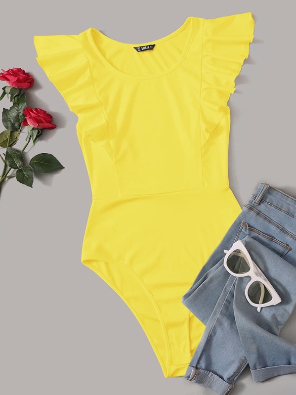 

Ruffle Trim Round Neck Bodysuit, Yellow