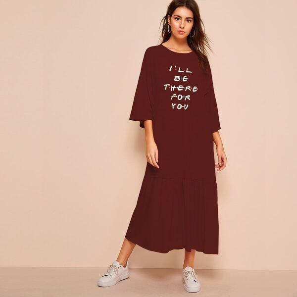 

Drop Sleeve Slogan Print Flounce Hem Tee Dress, Burgundy