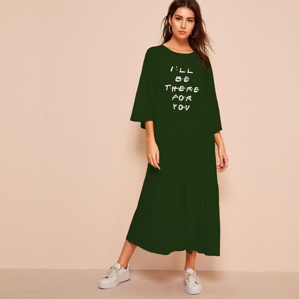 

Slogan Print Tee Dress, Green