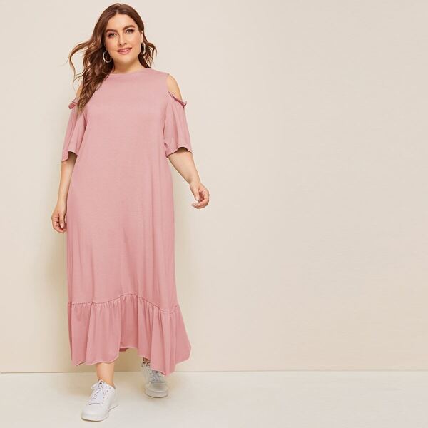 

Plus Cold Shoulder Frill Trim Flippy Hem Dress
