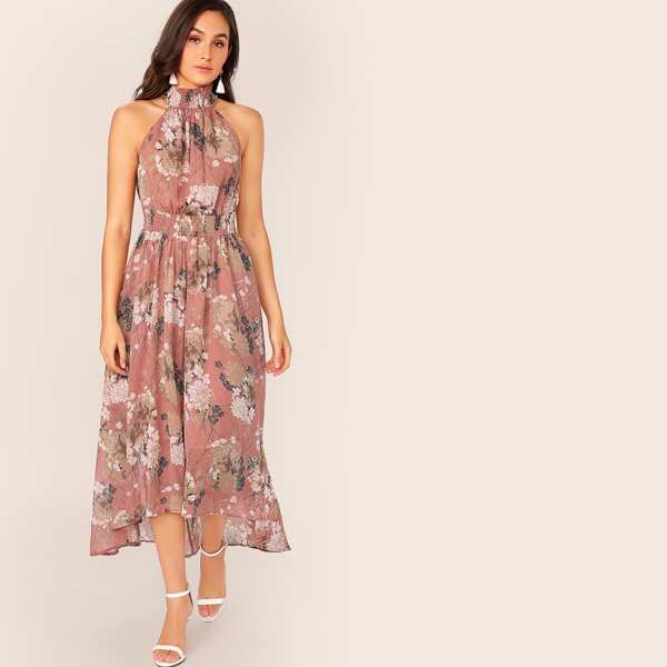 

Asymmetrical Hem Shirred Waist & Halter Floral Dress, Dusty pink