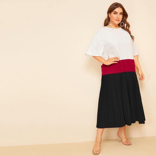 

Plus Drop Shoulder Pleated Dress, Multicolor