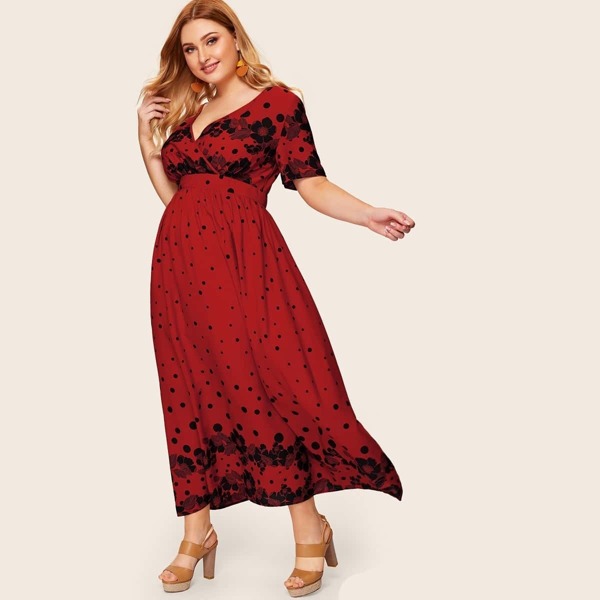 

Plus Surplice Neck Polka Dot Floral Dress