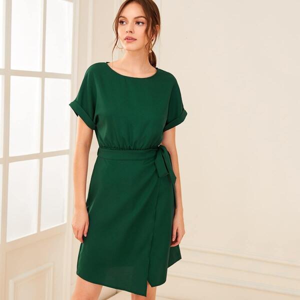 

Solid Roll Up Sleeve Wrap Knotted Dress, Green