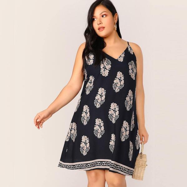 

Plus Double V Neck Tribal Print Cami Dress, Navy