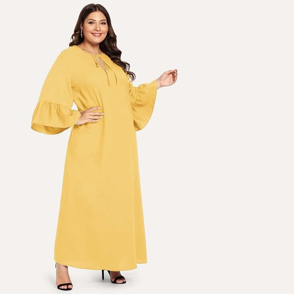 

Plus Tie Neck Bell Sleeve Solid Dress