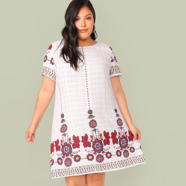 

Plus Floral Print Tunic Dress, White