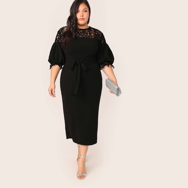 

Plus Guipure Lace Yoke Lantern Sleeve Pencil Dress, Black