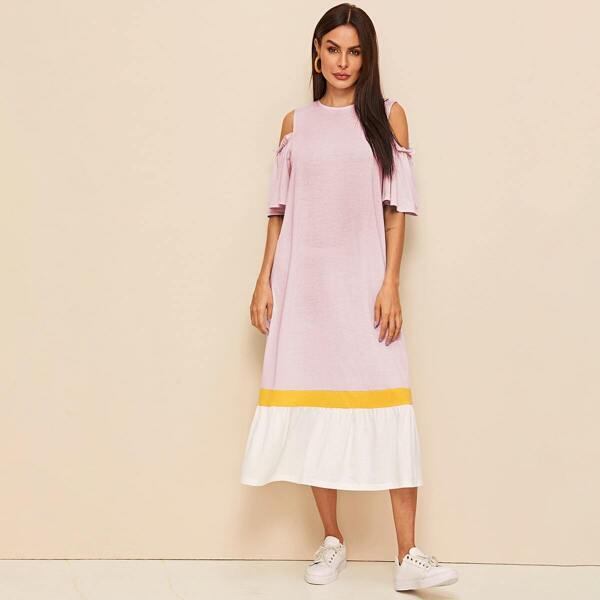 

Cold Shoulder Butterfly Sleeve Contrast Panel Dress, Pink