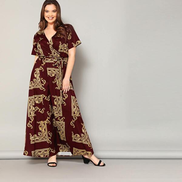 

Plus Surplice Neck Scarf Print Self Belted Dress, Burgundy