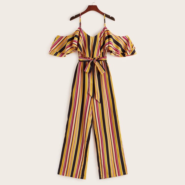 

Cold Shoulder Ruffle Foldover Front Striped Jumpsuit, Multicolor