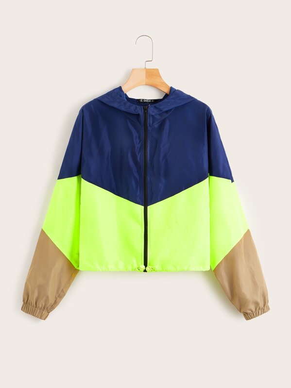 

Neon Panel Zip Up Hooded Windbreaker Jacket, Multicolor