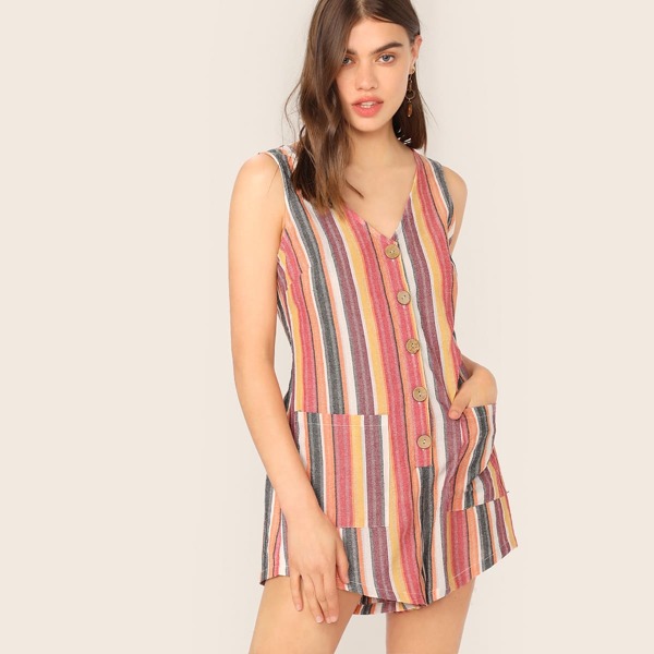 

Buttoned Half Placket Pocket Patched Striped Romper