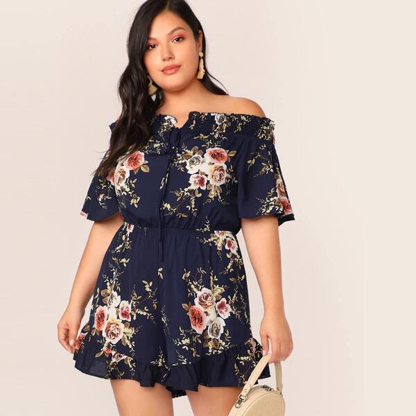 

Plus Ruffle Trim Shirred Bardot Floral Romper, Navy
