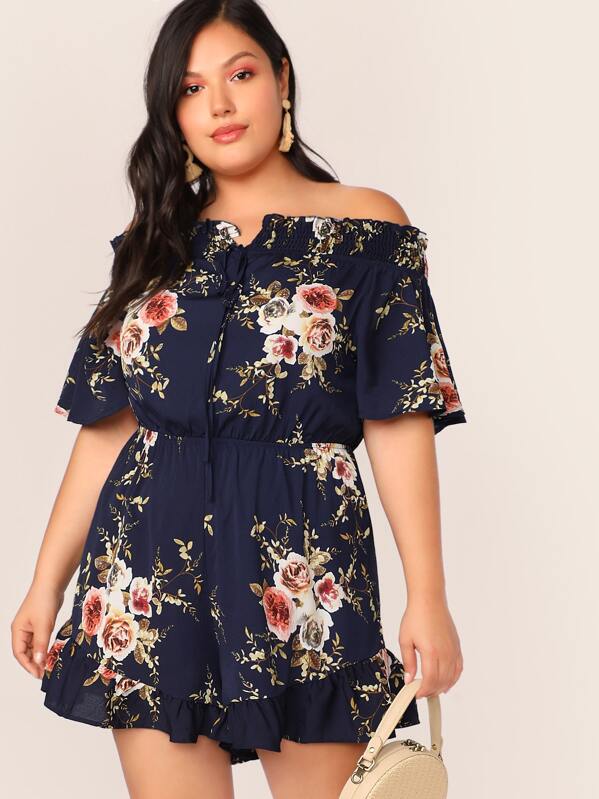 

Plus Ruffle Trim Shirred Bardot Floral Romper, Navy, Vanessa Romo