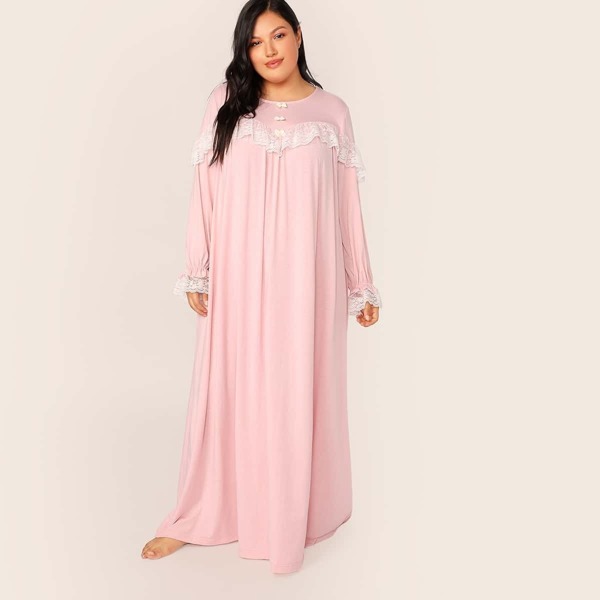 

Plus Lace Trim Bow Front Maxi Night Dress, Pink