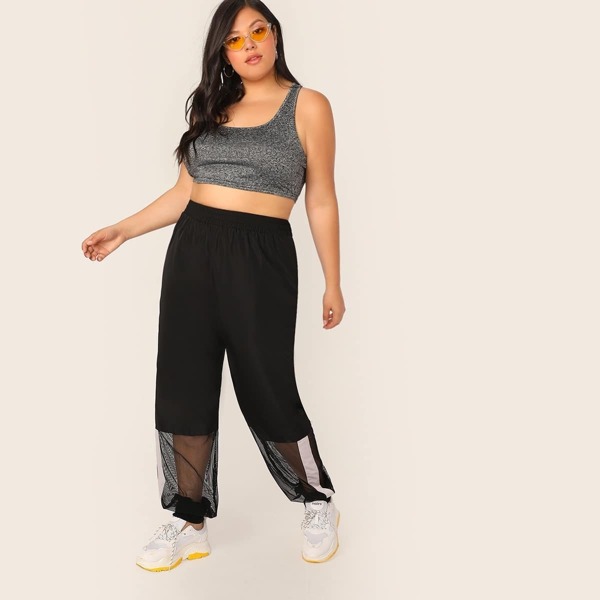 

Plus Elastic Waist Striped Mesh Insert Hem Pants, Black