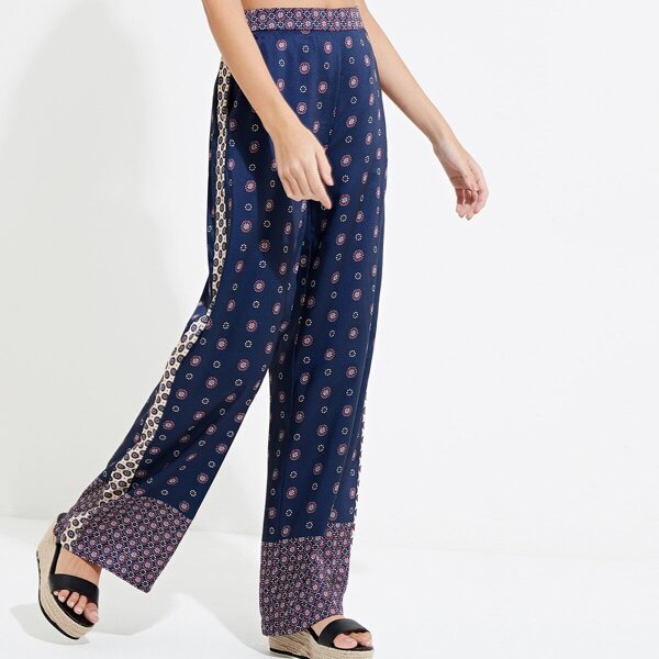 

Tribal Print Wide Band Waist Palazzo Pants, Navy