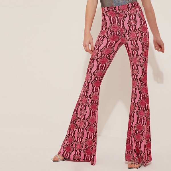 

Wide Band Waist Snakeskin Print Flare Leg Pants