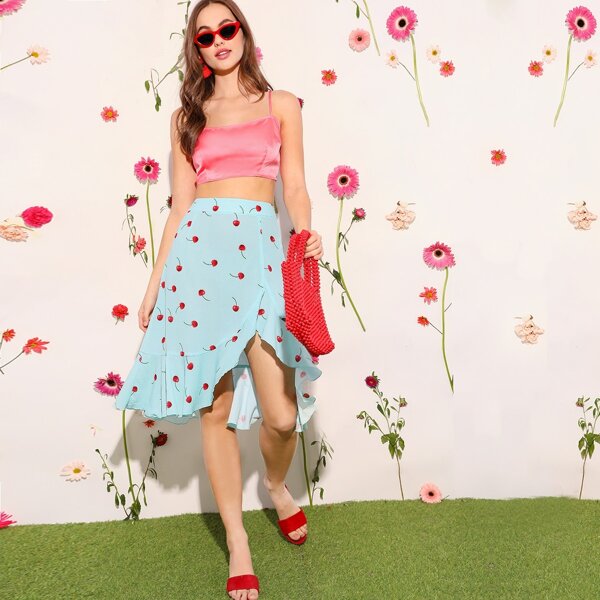 

Cherry Print Asymmetrical & Flounce Hem Skirt