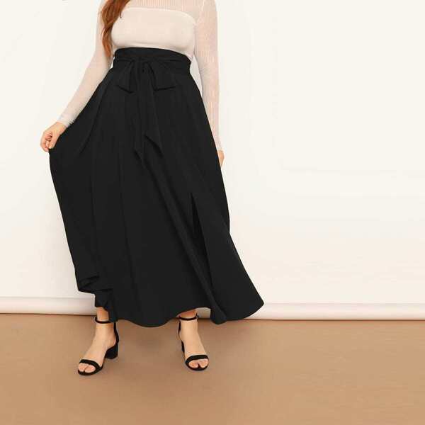 

Plus Solid High Waist Belted Maxi Skirt, Black