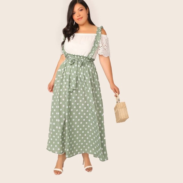 

Plus Paperbag Waist Self Belted Skirt With Ruffle Strap, Green pastel