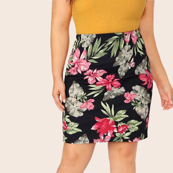 

Plus Floral Print Pencil Skirt, Multicolor