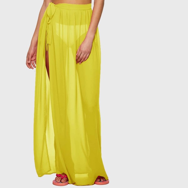 

Tie Side Sheer Cover Up Skirt Without Panty, Yellow