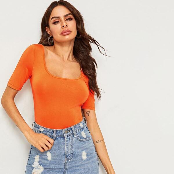 

Neon Orange Scoop Neck Fitted Top