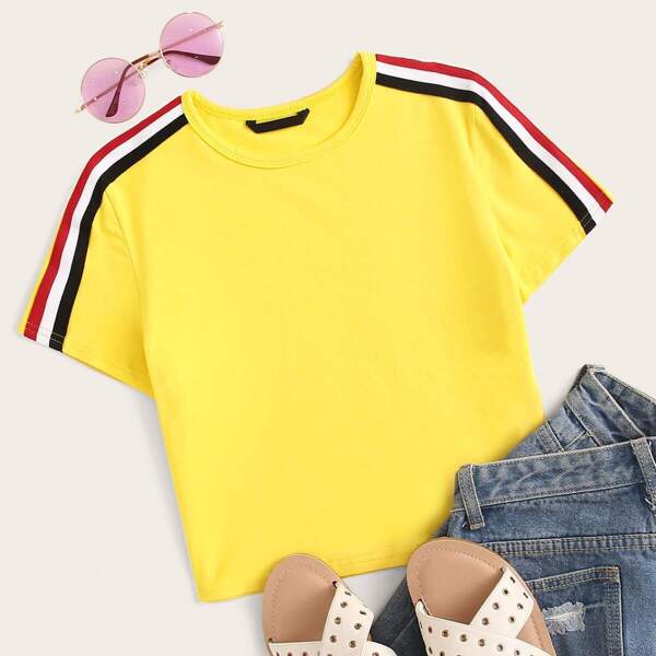 

Contrast Striped Side Tape Crop Top, Yellow