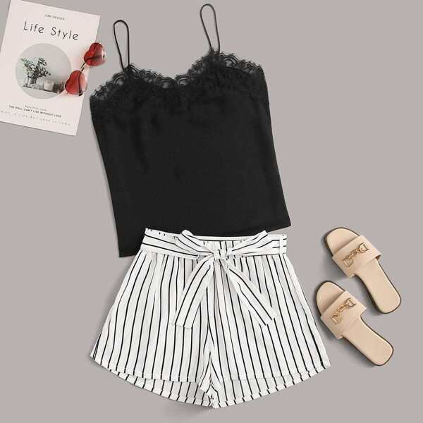 

Lace Trim Cami Top and Self Belted Shorts Set