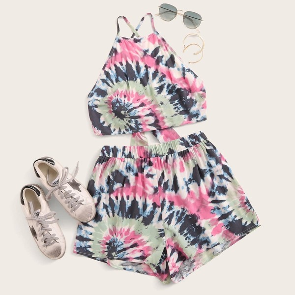 

Knotted Crisscross Back Tie Dye Top and Shorts Set