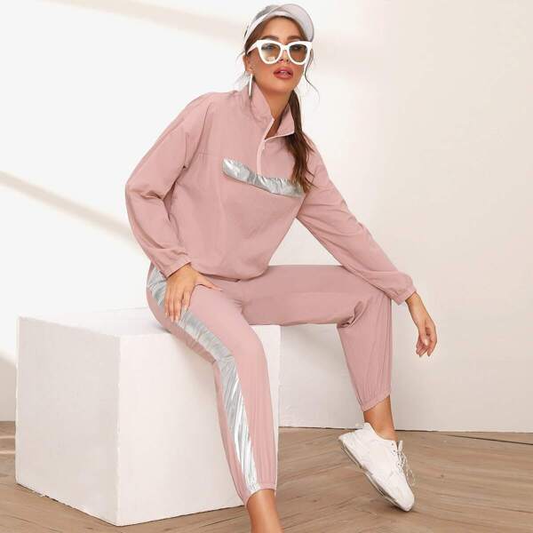 

Contrast Metallic Trim Jacket and Wind Pants Set