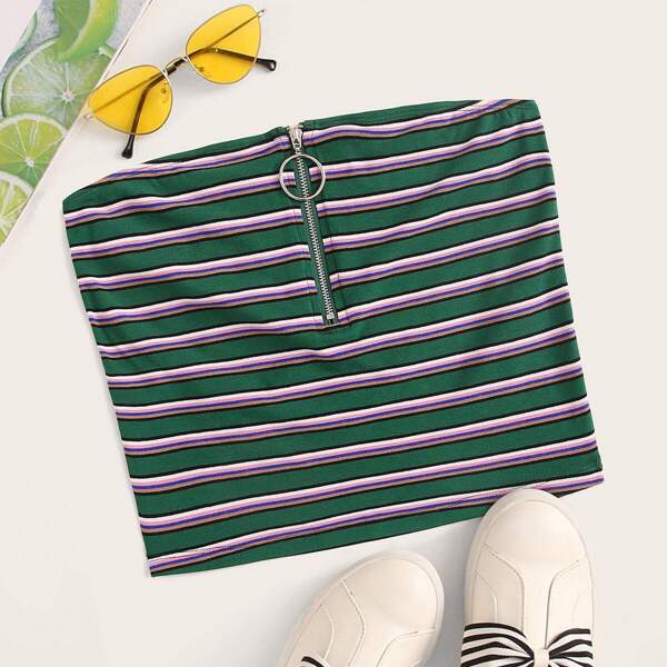 

O-ring Zipper Front Striped Tube Top