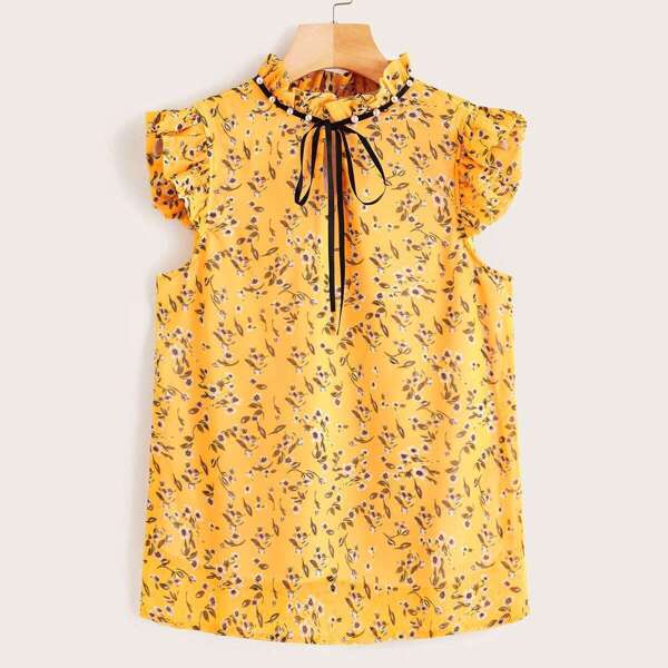 

Tie Neck Frill Pearls Ditsy Floral Blouse