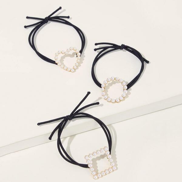 

Faux Pearl Decor Heart & Round Hair Tie 3pcs, Black and white