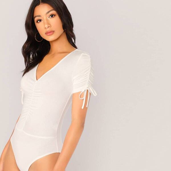 

V-neck Knot Sleeve Ruched Detail Bodysuit