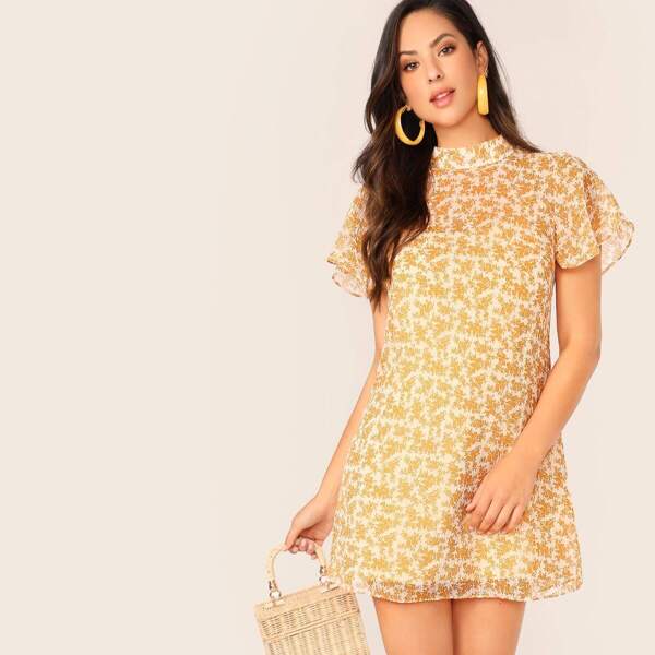 

Mock Neck Cutout Back Plants Print Dress, Yellow