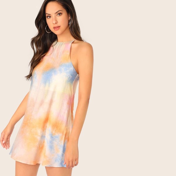 

Keyhole Back Tie Dye Halter Dress, Multicolor