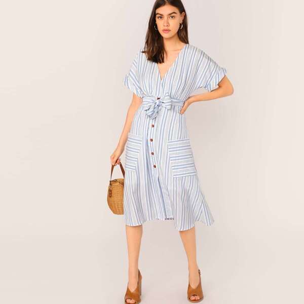 

Surplice Neck Cuff Sleeve Patch Pocket Striped Belted Dress, Blue