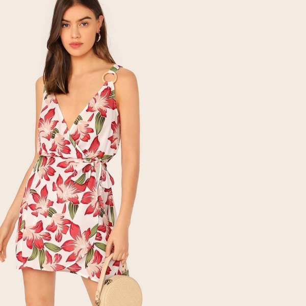 

O-ring Strap Tie Waist Floral Print Dress, Multicolor