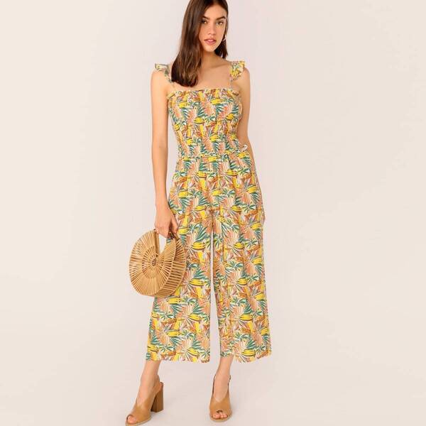 

Tropical Print Shirred Bodice Wide Leg Jumpsuit