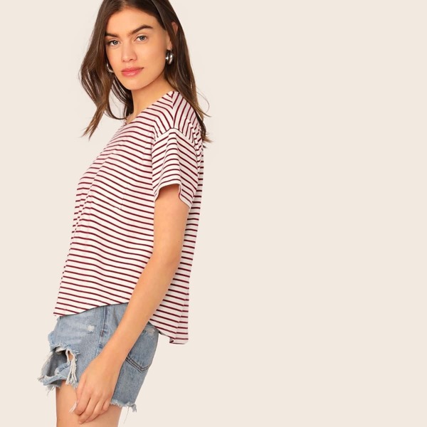 

Drop Shoulder Curved Hem Striped Top