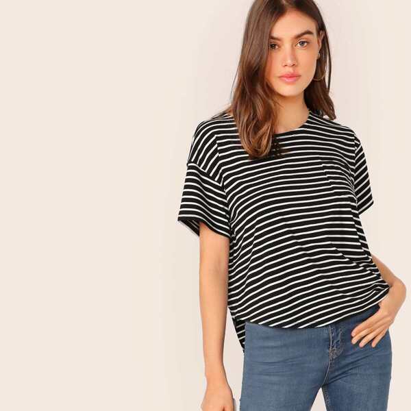

Drop Shoulder Striped Curved Hem Top